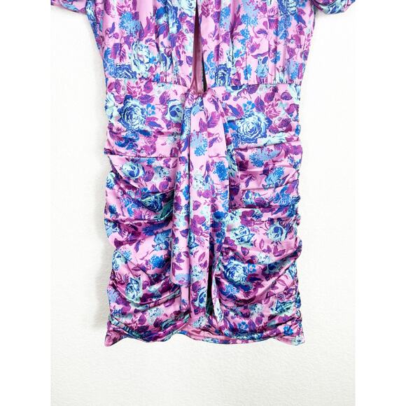 For Love & Lemons Tahiti Ruched Mini Dress Small Purple Floral Satin Cottagecore - Picture 11 of 14